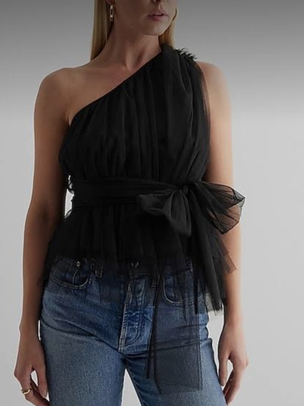 XL Express Black One-Shoulder Tulle Peplum Camisole with Waist Tie